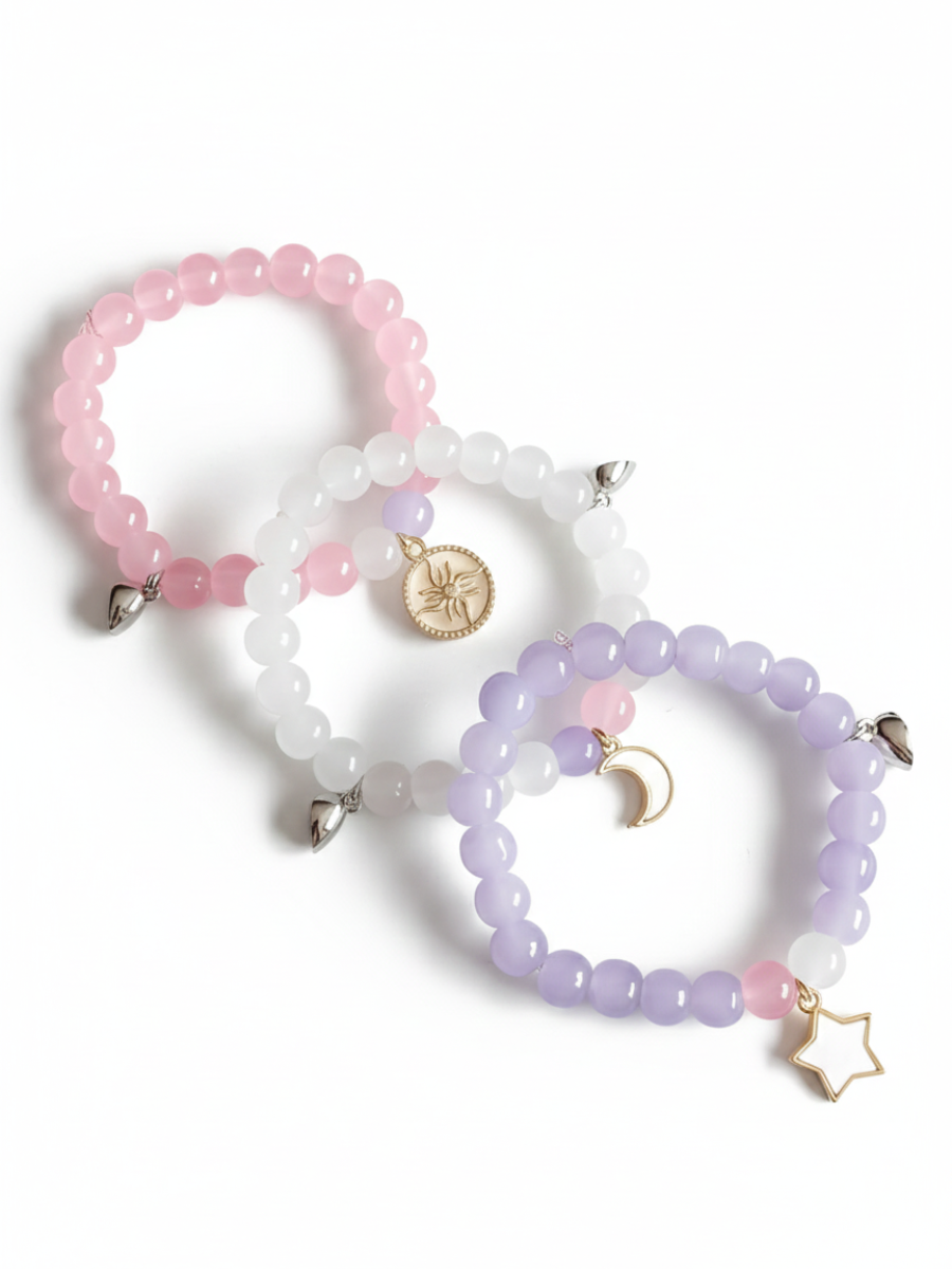 Pink, White and Purple Beaded Trio Friendship Charm Bracelets - TheJewelbox