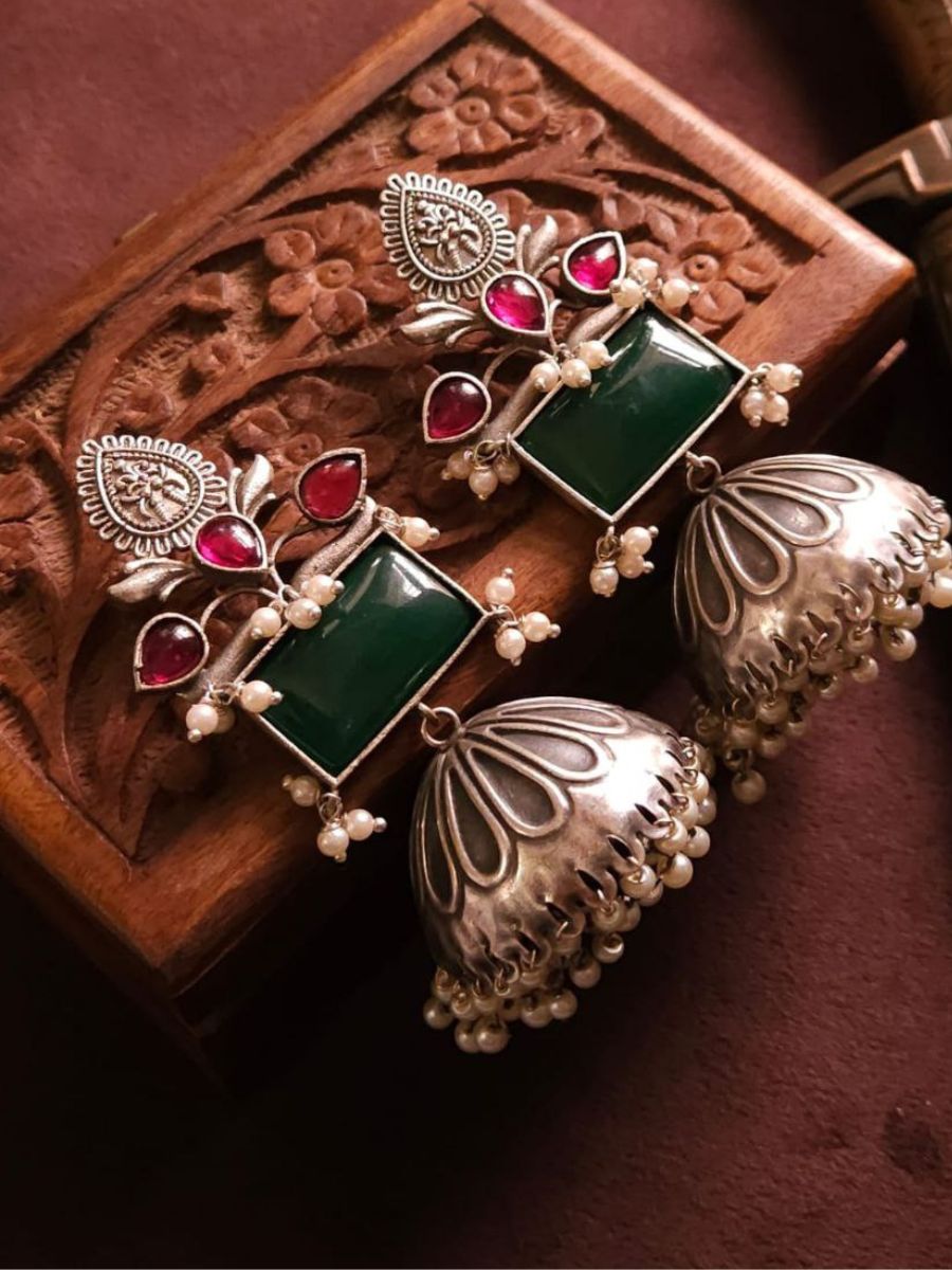 Pink and Green Stones German Silver Oxidised Jhumka Earrings