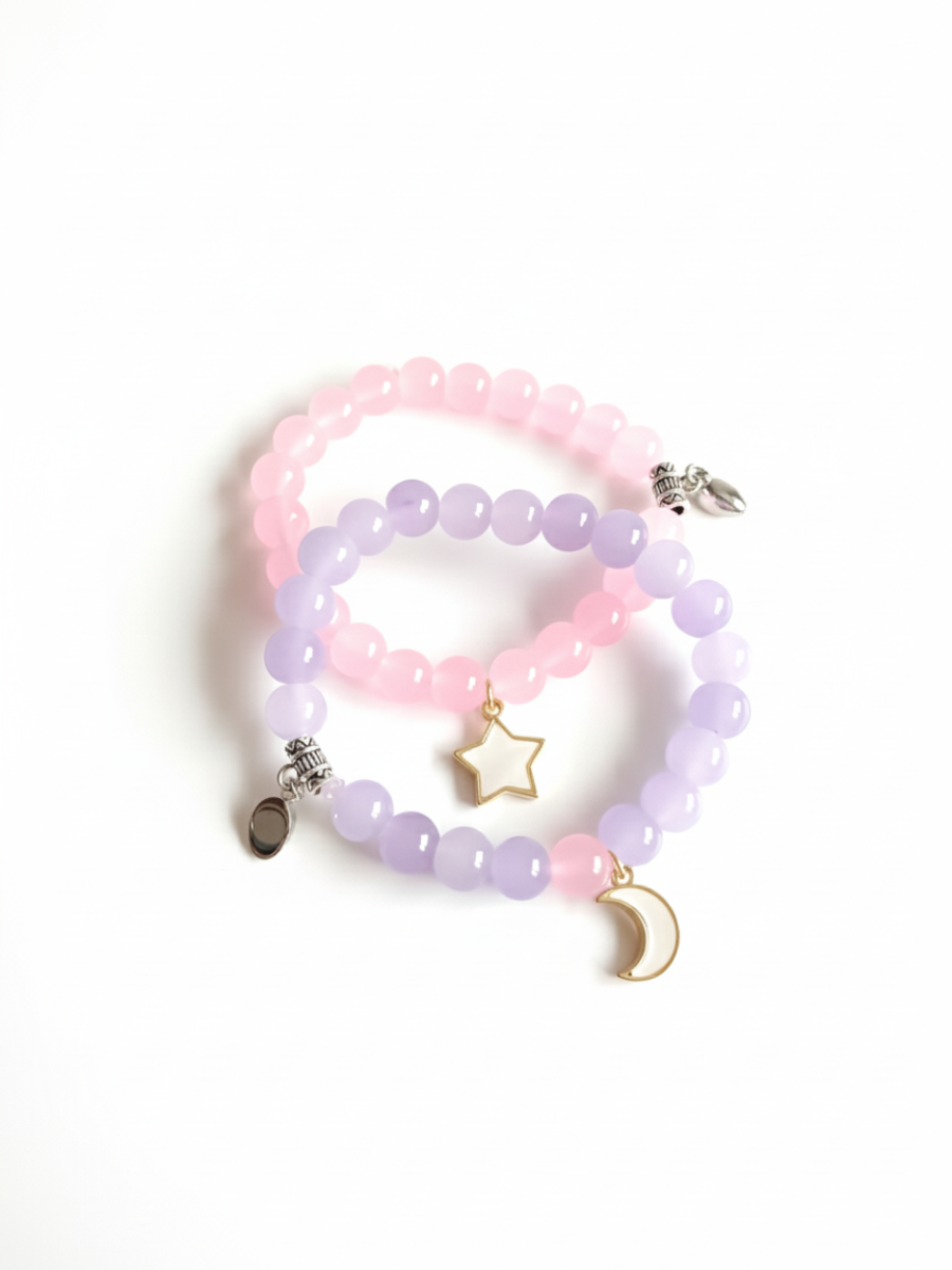 Pink and Lavender Star and Moon Charms Magnetic Beaded Bracelets