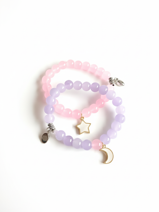 Pink and Lavender Star and Moon Charms Magnetic Beaded Bracelets