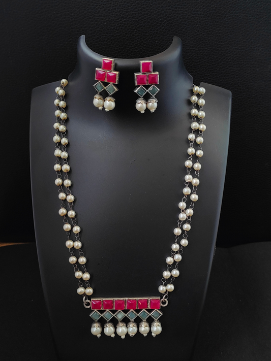 Buy Pink and Sea Green Stone Long Oxidised Pearl Necklace Set - TheJewelbox