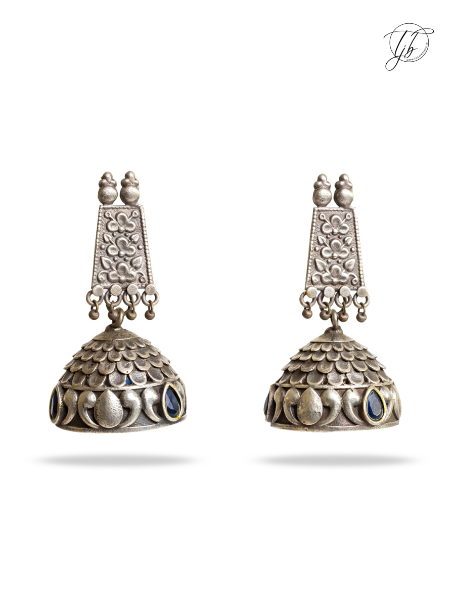 Premium Blue Stones German Silver Oxidised Jhumka Earrings