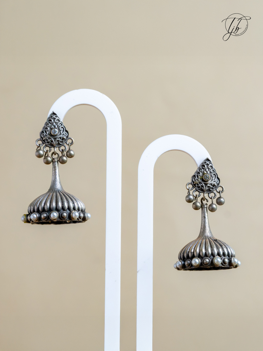 Buy Premium Pearl Studded German Silver Oxidised Small Jhumka Earrings Online - TheJewelbox