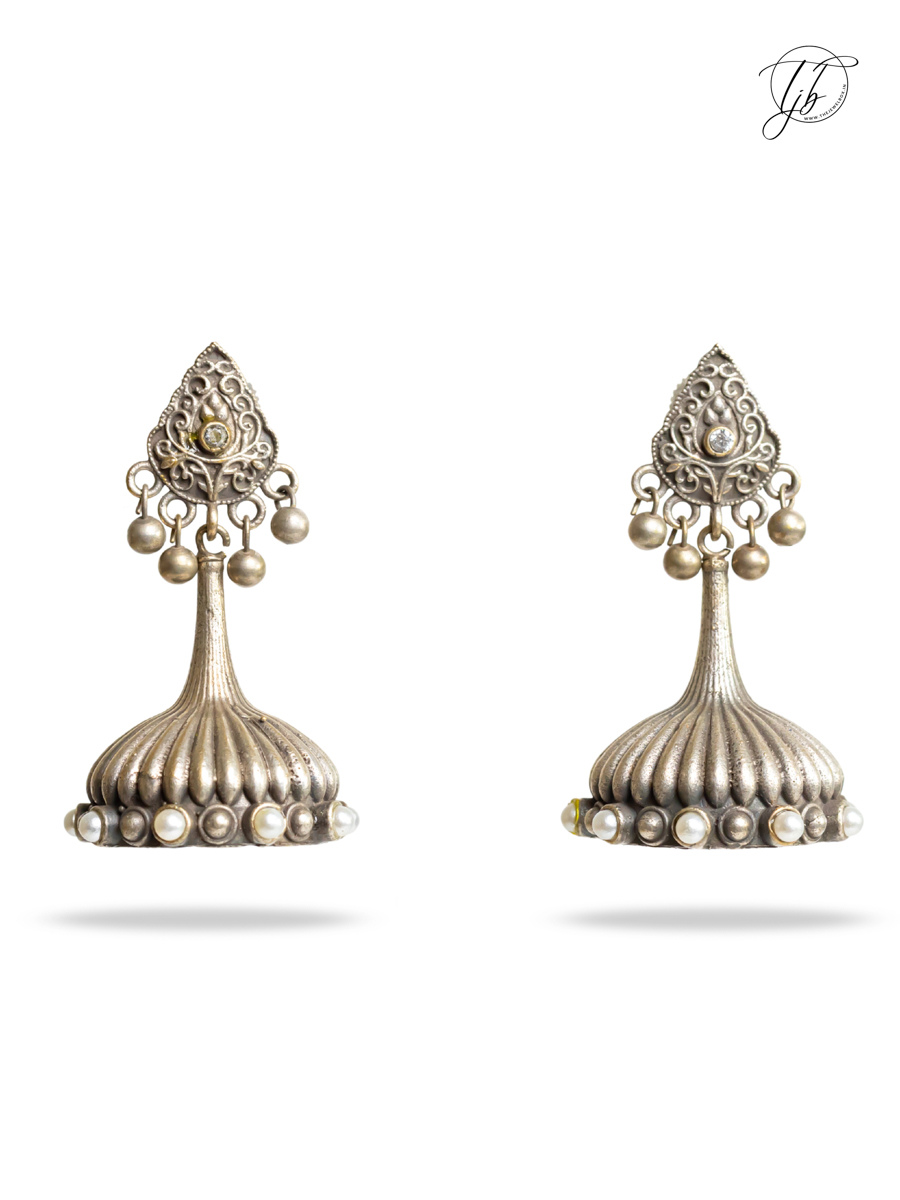 Premium Pearl Studded German Silver Oxidised Small Jhumka Earrings