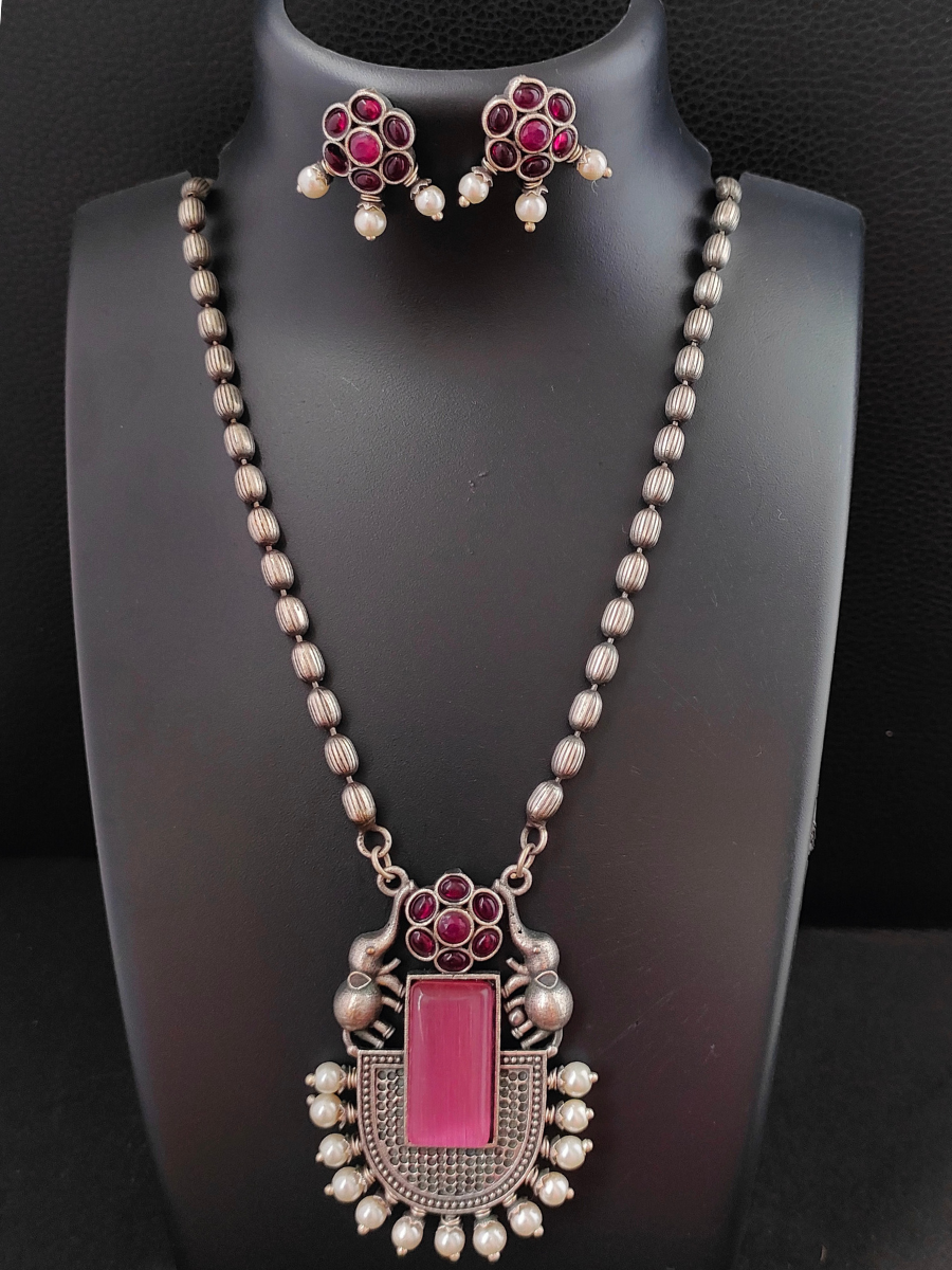Buy Rani Pink Elephant Pendant German Silver Oxidised Long Necklace Set - TheJewelbox