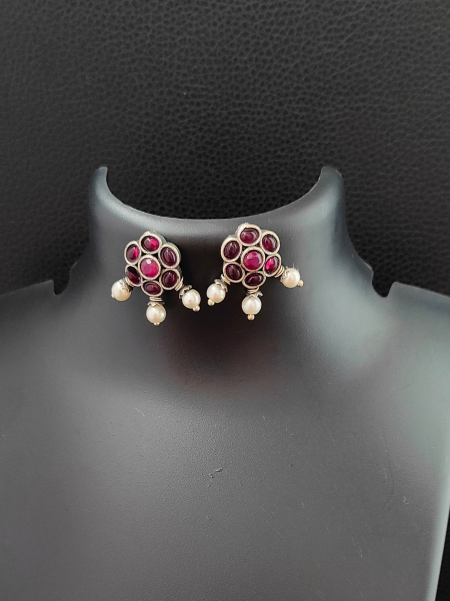 Rani Pink Flower Shaped German Silver Oxidised Earrings