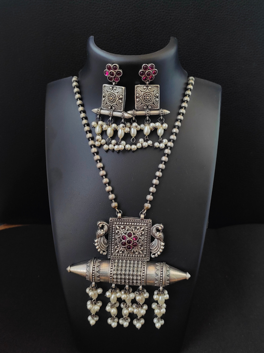Buy Rani Pink Stone Big German Silver Oxidised Pendant Necklace Set - TheJewelbox