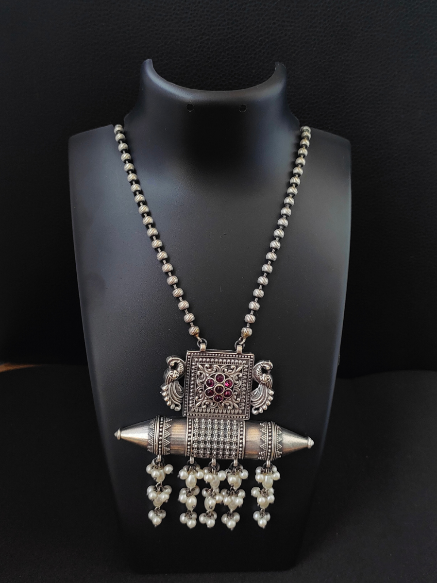 Rani Pink Stone Big German Silver Oxidised Pendant Necklace Set
