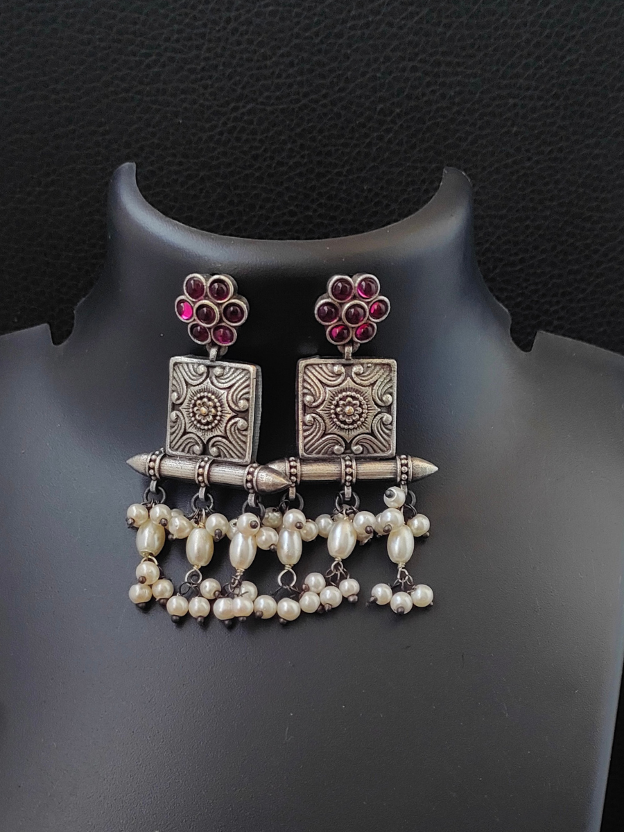 Rani Pink Stone German Silver Oxidised Earrings