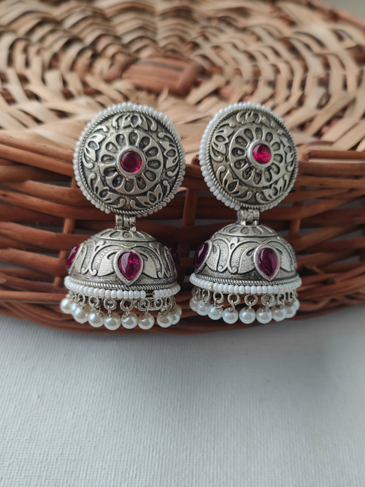 Buy Rani Pink Stone German Silver Oxidised Jhumka Earrings - TheJewelbox