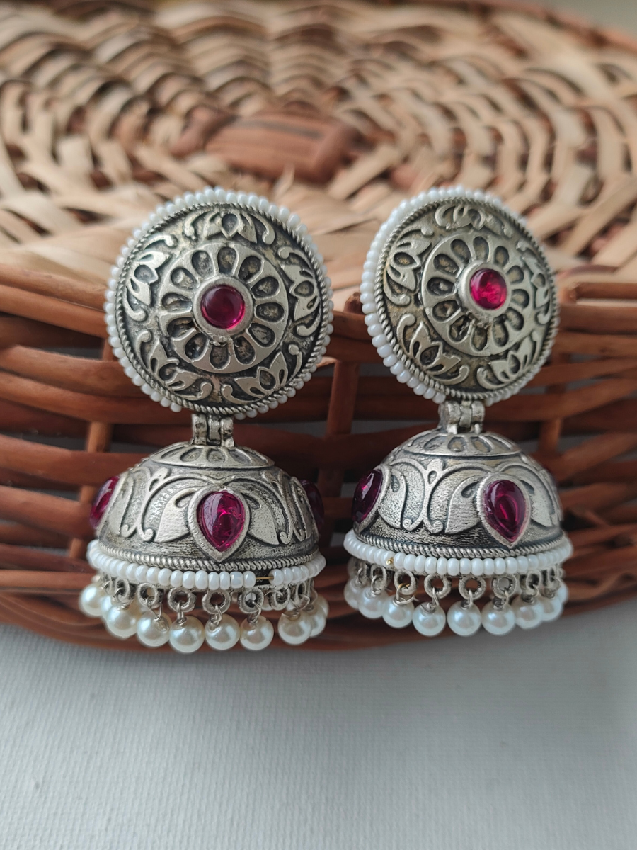 Rani Pink Stone German Silver Oxidised Jhumka Earrings