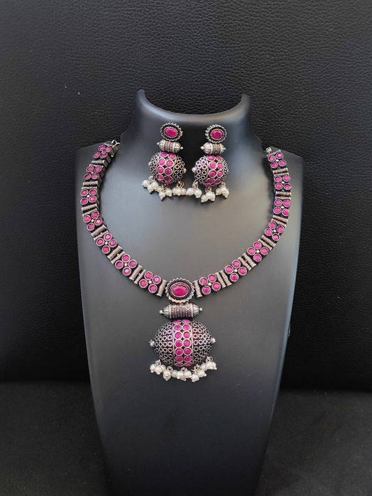 Buy Rani Pink Stone Pendant Oxidised Silver Necklace Set - TheJewelbox