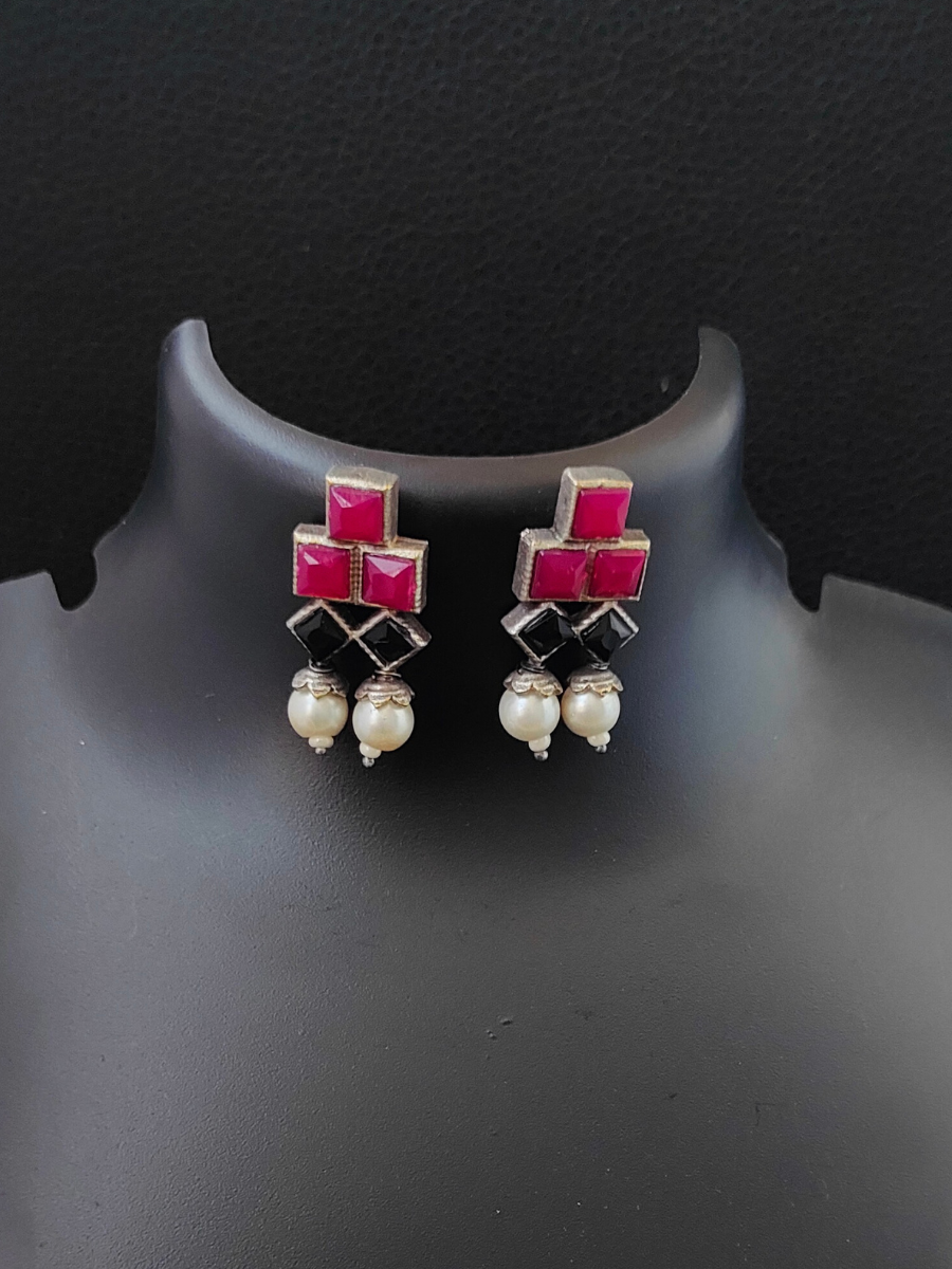 Rani Pink and Black Stone Long Oxidised Earrings