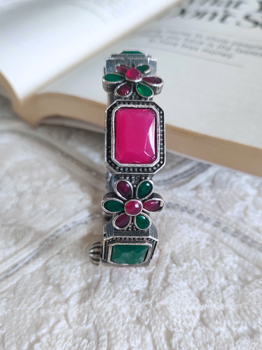 Rani Pink and Green German Silver Oxidised Bangle - The Jewelbox
