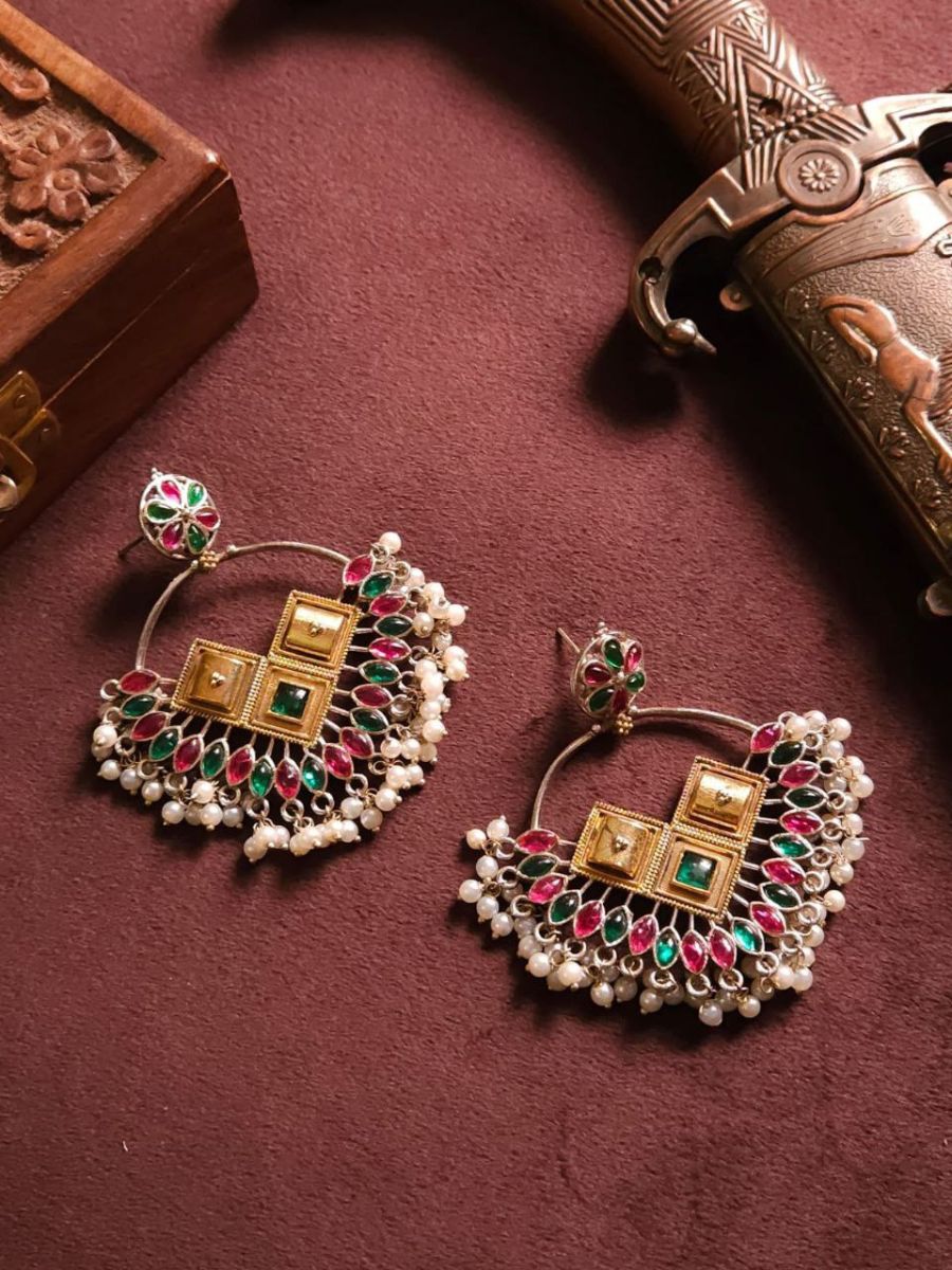 Buy Rani Pink and Green German Silver Oxidised Chandbali Earrings - TheJewelbox