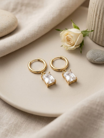 Buy Rectangular Diamond Drop Golden Huggie hoop Earrings Online in India