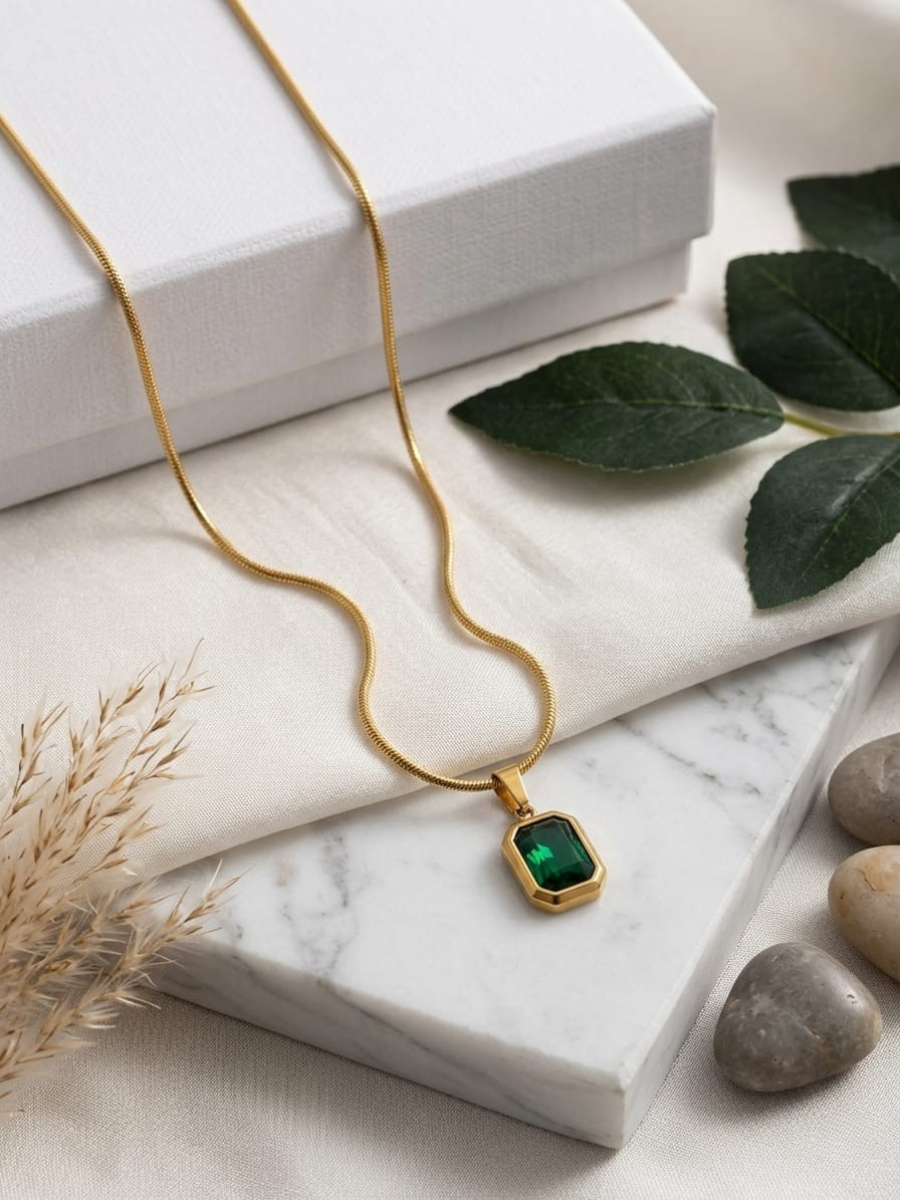 Buy Rectangular Green Crystal Pendant Gold Chain Necklace Online in India