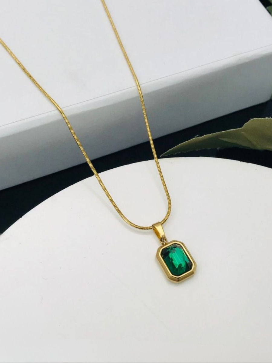 Rectangular Green Crystal Pendant Gold Chain Necklace