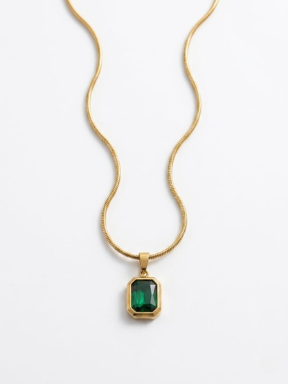 Rectangular Green Crystal Pendant Gold Chain Necklace