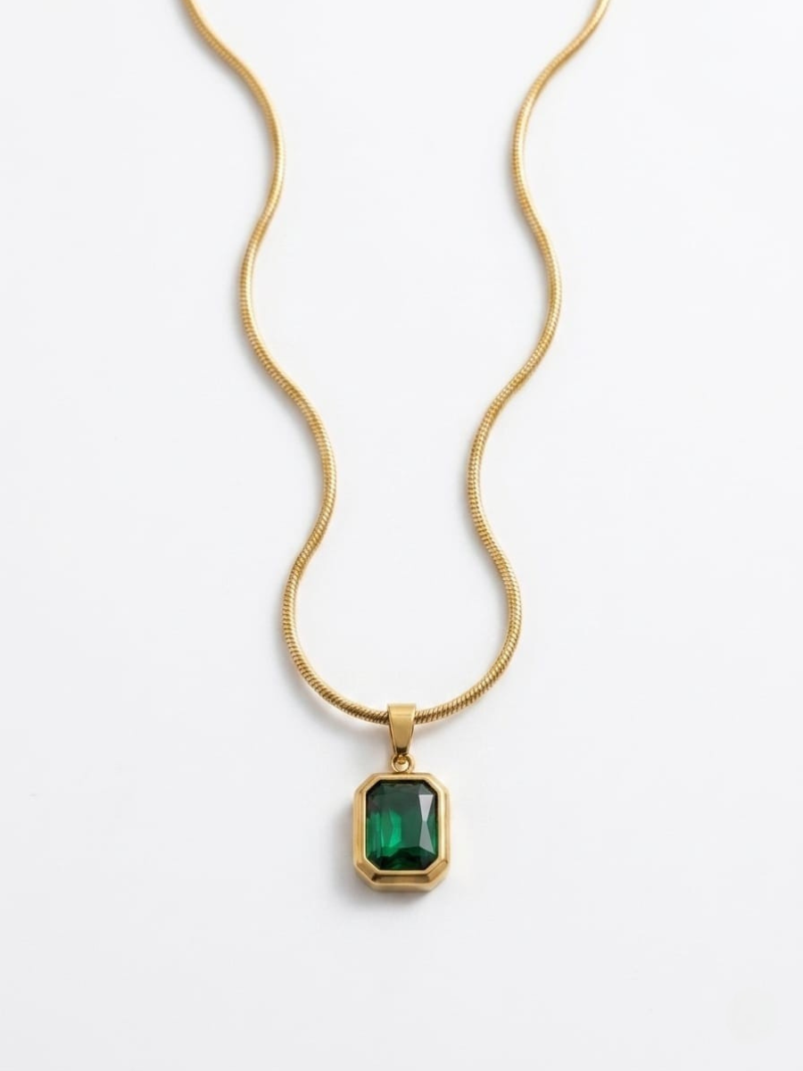 Rectangular Green Crystal Pendant Gold Chain Necklace