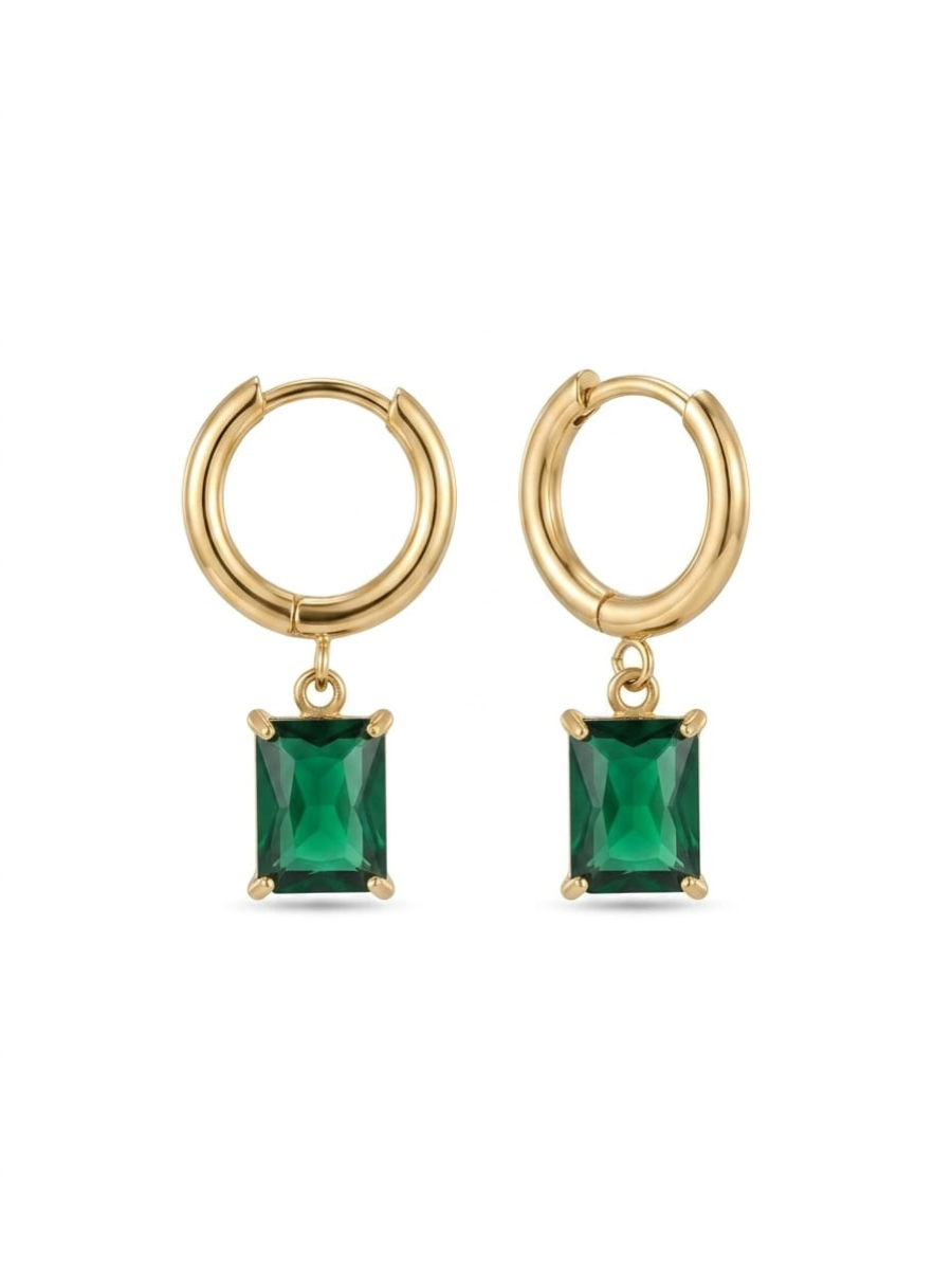 Rectangular Green Stone Drop Golden Huggie Hoop Earrings