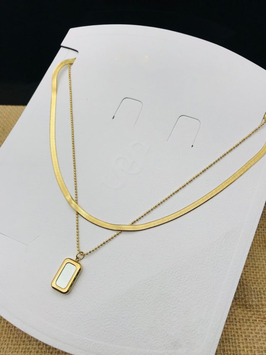Buy Rectangular Pearl Pendant Double Chain Golden Necklace Online – The ...