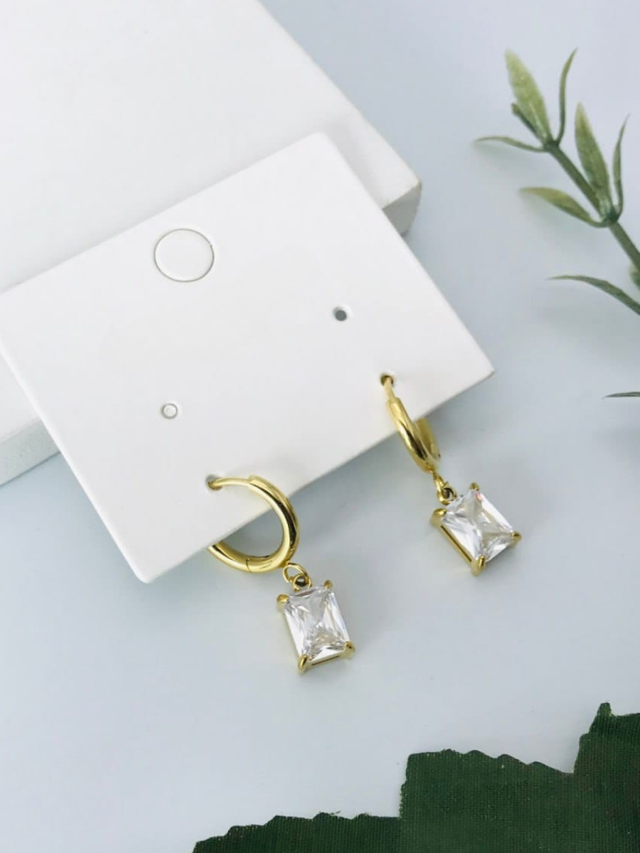 Buy Rectangular White Stone Drop Golden Huggie Hoop Earrings Online - TheJewelbox