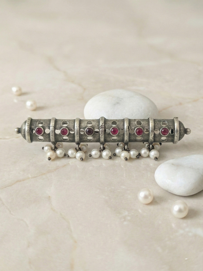 Red Stone Studded Big Oxidised Silver Finger Ring