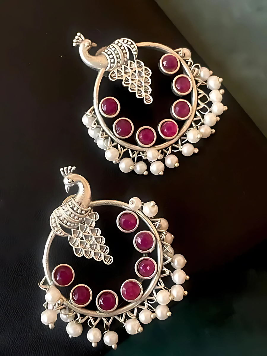 Buy Red Stones Peacock Oxidised Silver Hoop Earrings Online - TheJewelbox