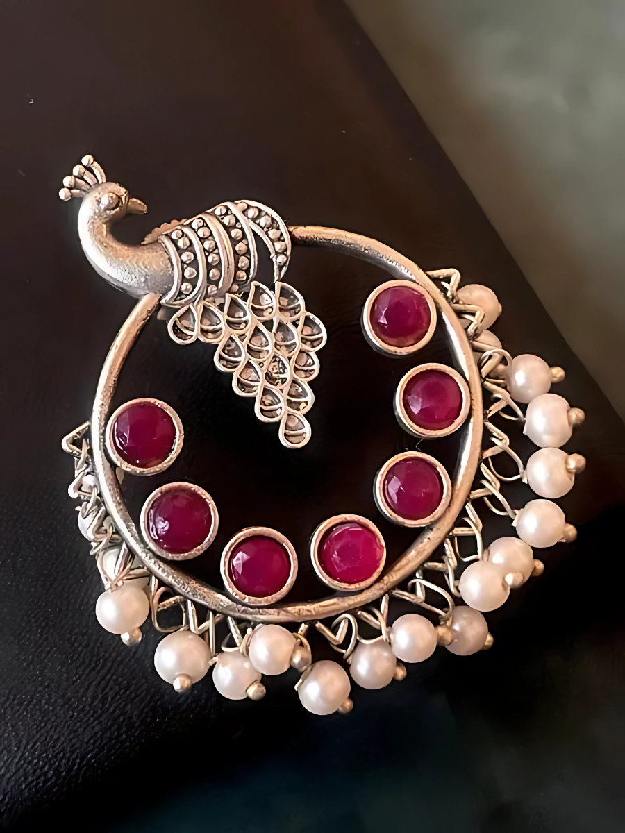 Red Stones Peacock Oxidised Silver Hoop Earrings