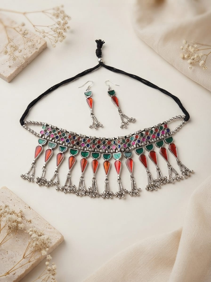 Red & Green Stone Studded Black Metal Afghani Choker Necklace