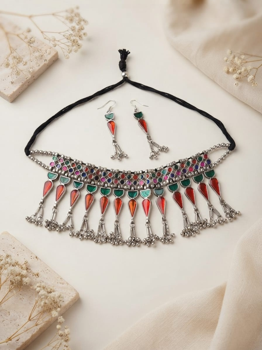 Red & Green Stone Studded Black Metal Afghani Choker Necklace