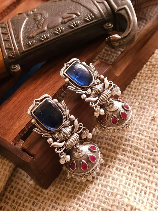 Buy Red and Blue Stone Studded Oxidised Silver Jhumka Earrings - TheJewelbox