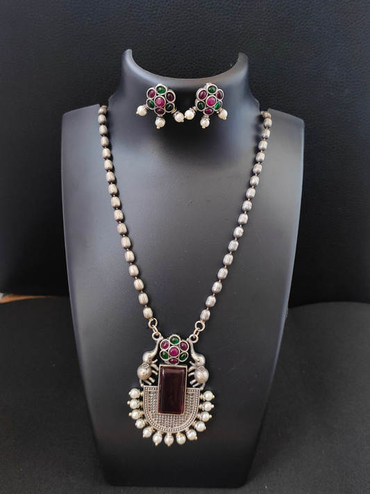 Buy Red and Green Elephant Style German Silver Oxidised Long Necklace Set - TheJewelbox