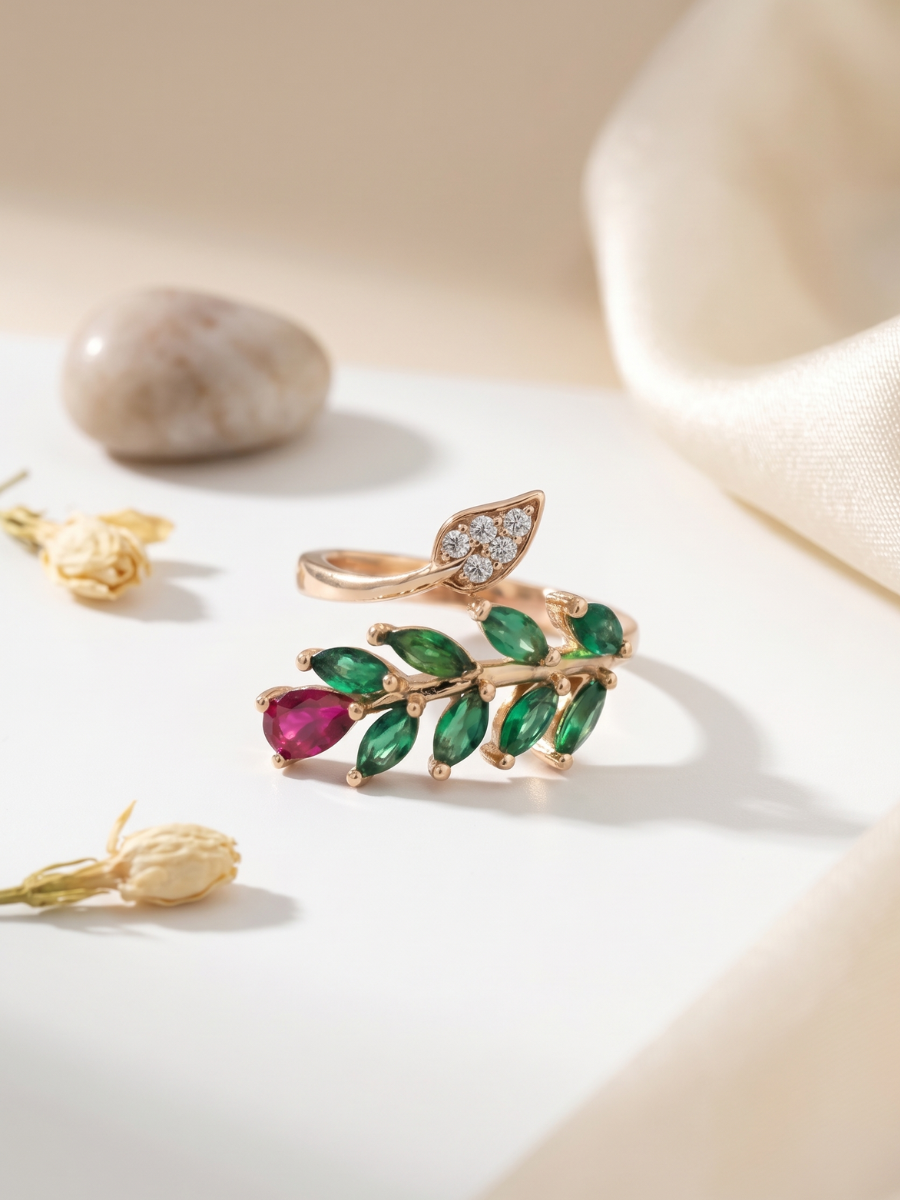 Buy Red and Green Leaf Patterned Rose Gold Diamond Ring Online in India