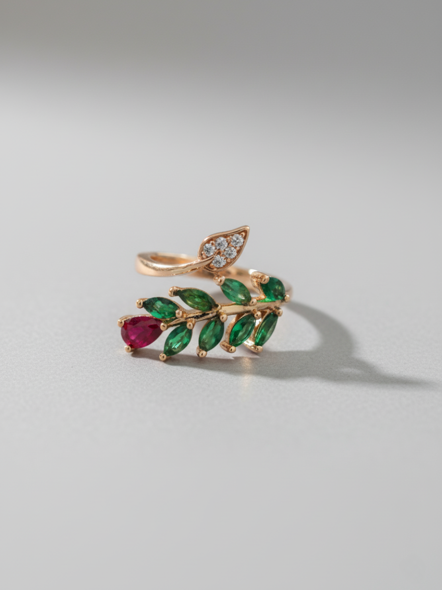 Buy Red and Green Leaf Patterned Rose Gold Diamond Ring Online - TheJewelbox