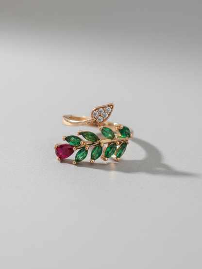 Buy Red and Green Leaf Patterned Rose Gold Diamond Ring Online - TheJewelbox