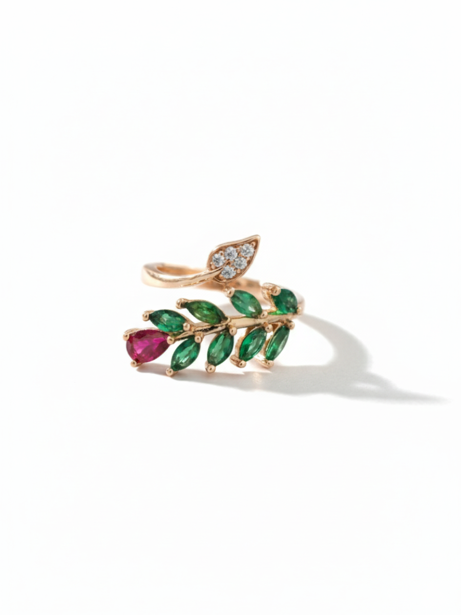 Red and Green Leaf Patterned Rose Gold Diamond Ring