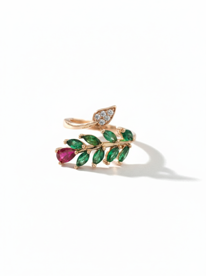 Red and Green Leaf Patterned Rose Gold Diamond Ring