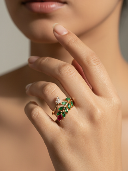 Adjustable Red and Green Leaf Patterned Rose Gold Ring