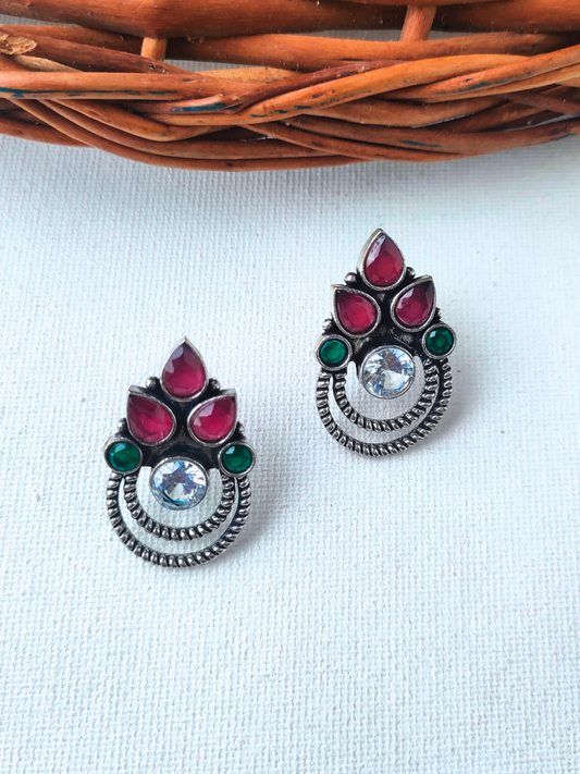 Buy Red and Green Stone Oxidised Silver Stud Earrings - TheJewelbox