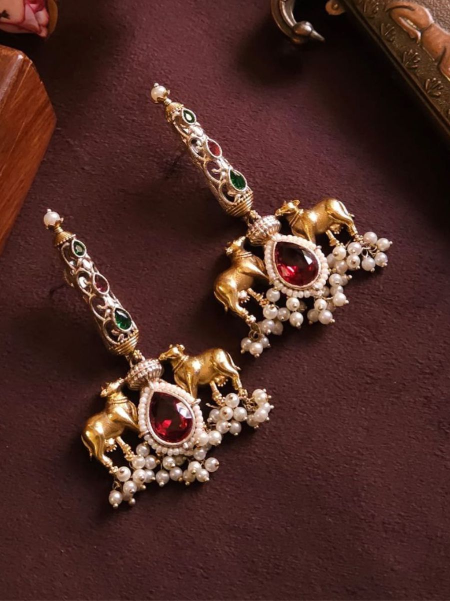 Red and Green Stones Dual Tone Oxidised Drop Earrings