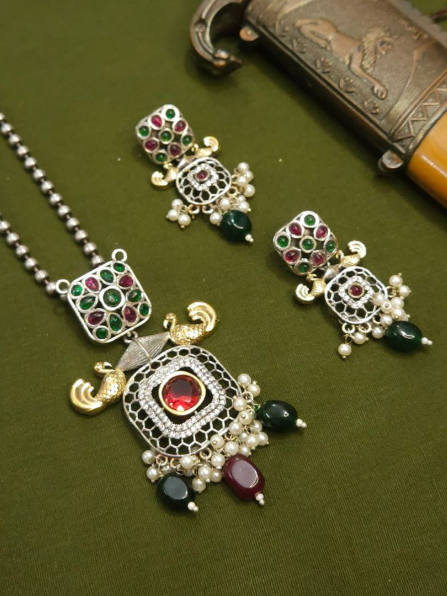 Red and Green Stones Dual Tone Oxidised Long Chain Necklace Set
