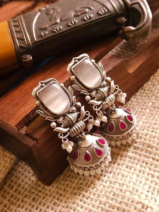 Buy Red and White Stone Studded Oxidised Silver Jhumkas - TheJewelbox