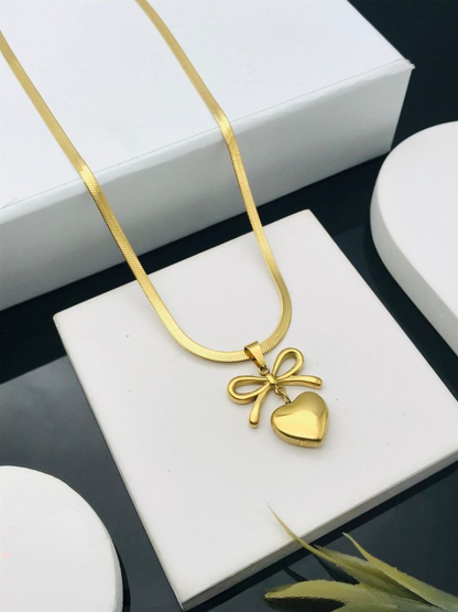 Buy Romantic Golden Bow and Heart Pendant Golden Necklace Online - TheJewelbox