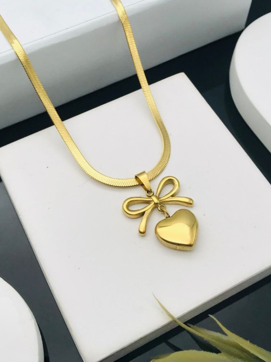 Romantic Golden Bow and Heart Pendant Golden Necklace