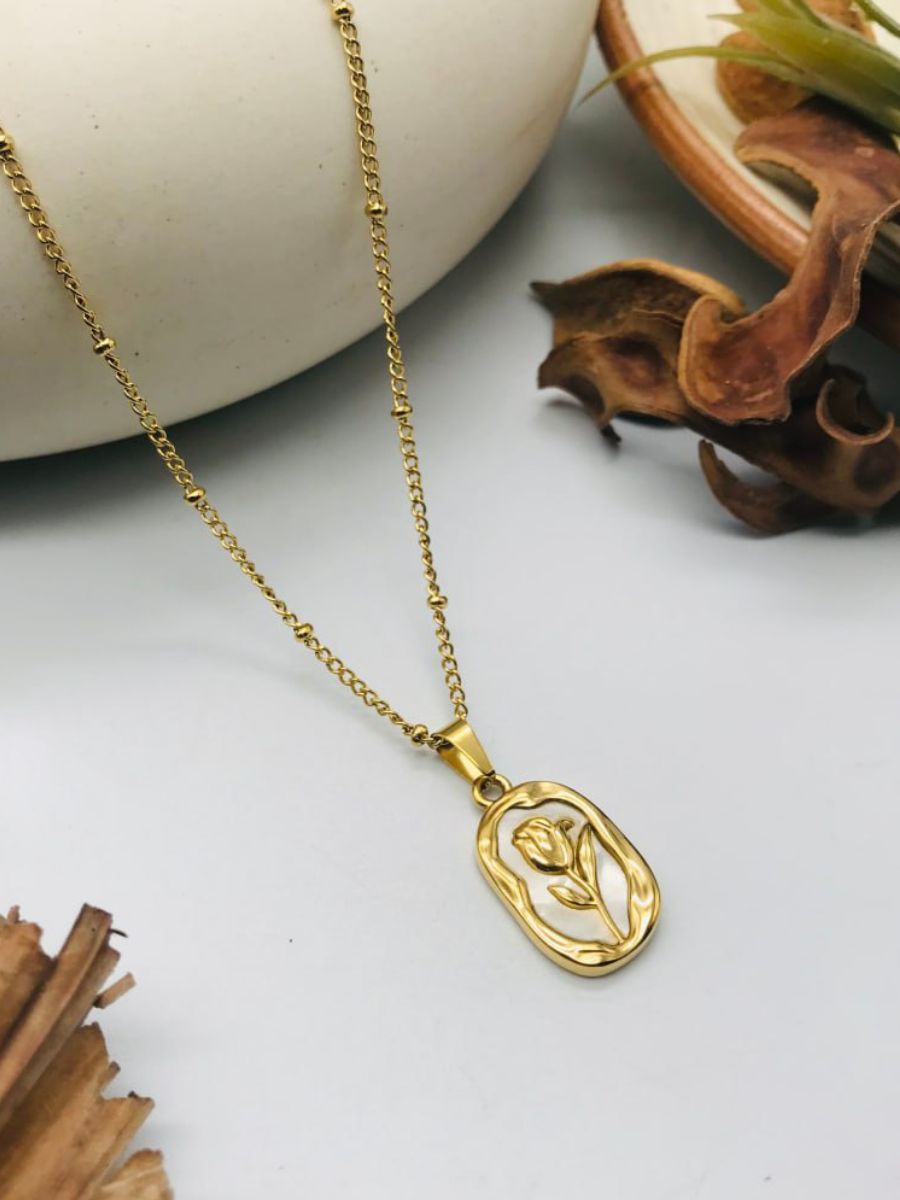 Rose Embossed White Shell Pendant Gold Chain Necklace