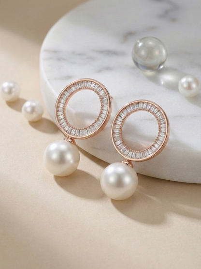 Rose gold baguette crystal pearl earrings
