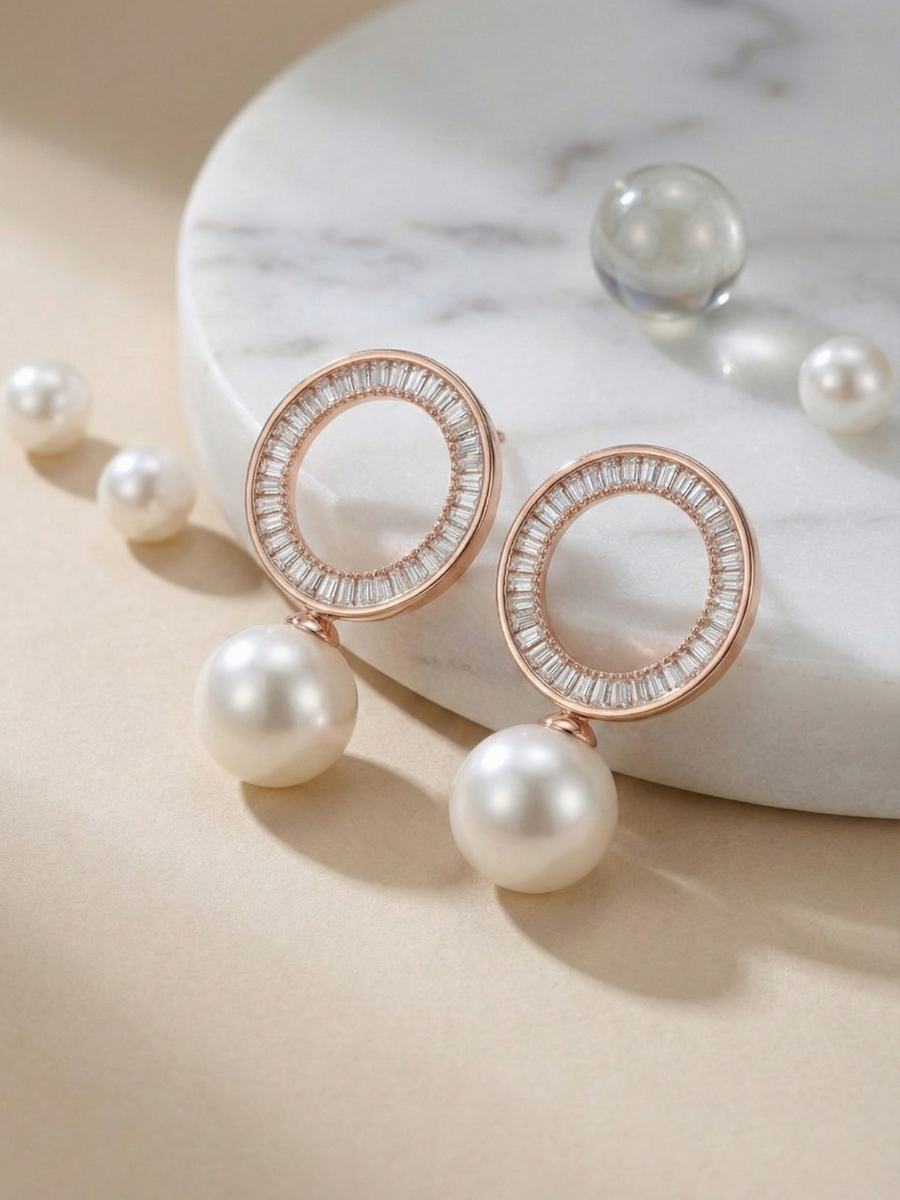 Rose gold baguette crystal pearl earrings