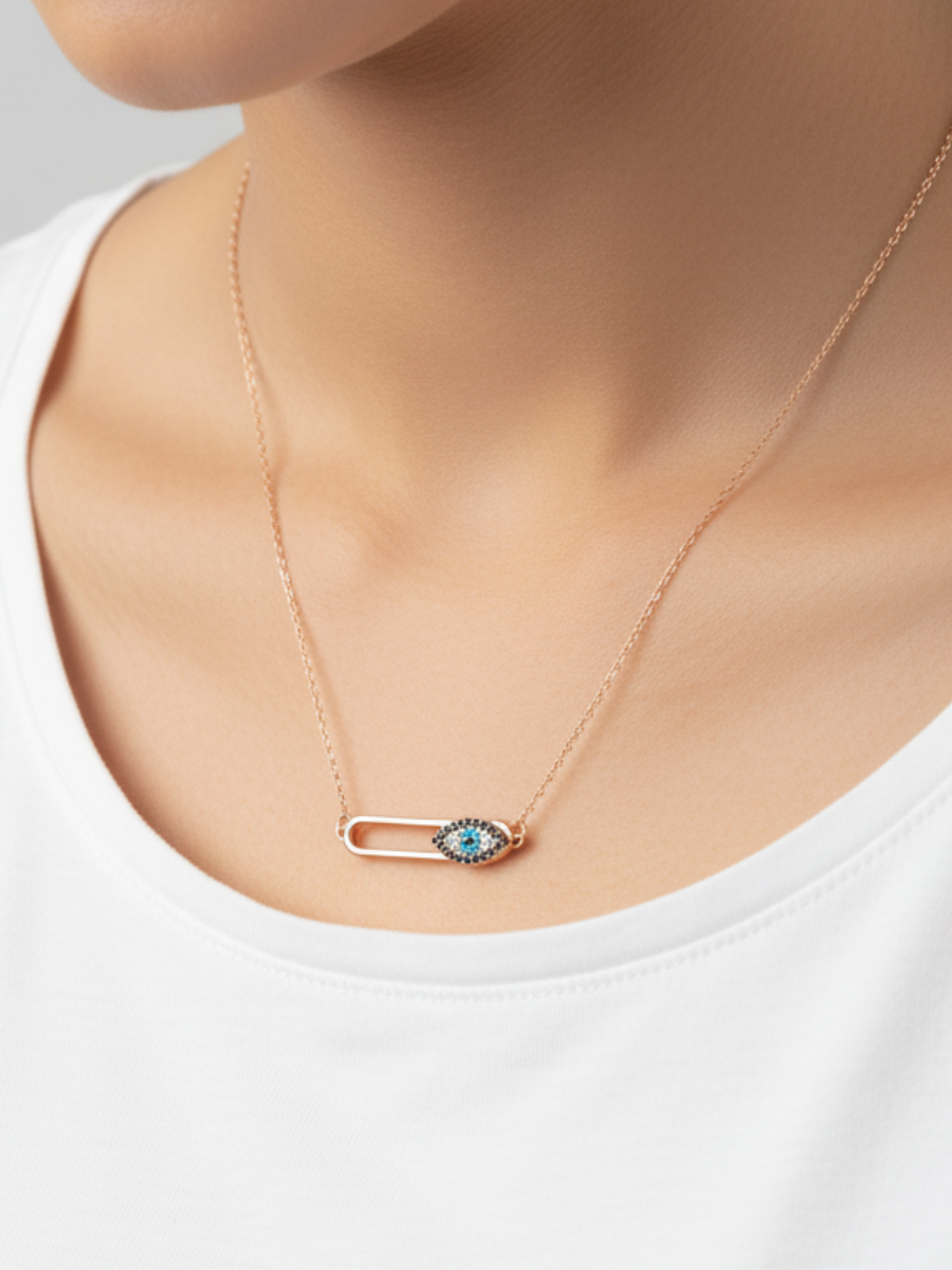 An Indian Model is wearing our Rose Gold Evil Eye Minimal Diamond Pendant Necklace
